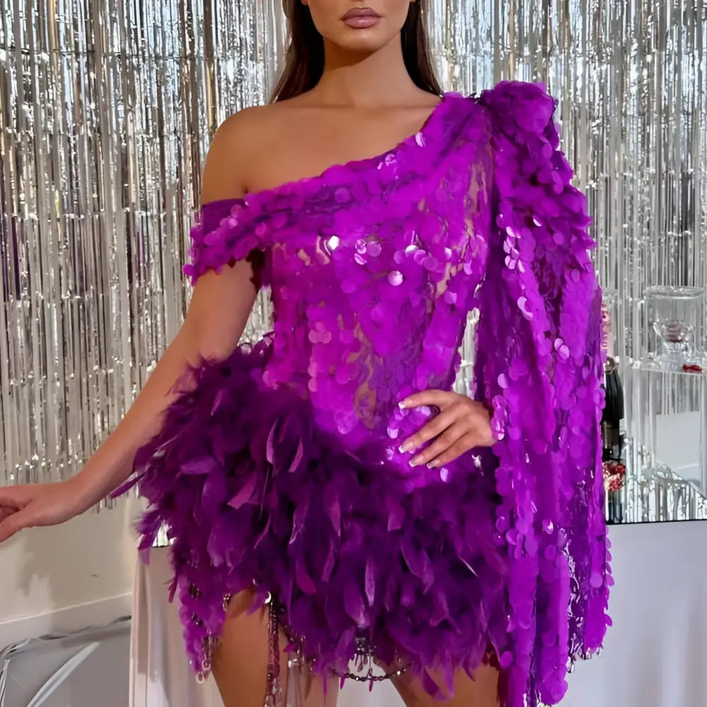 Purple Sequined Feather Sleeve Short Dress