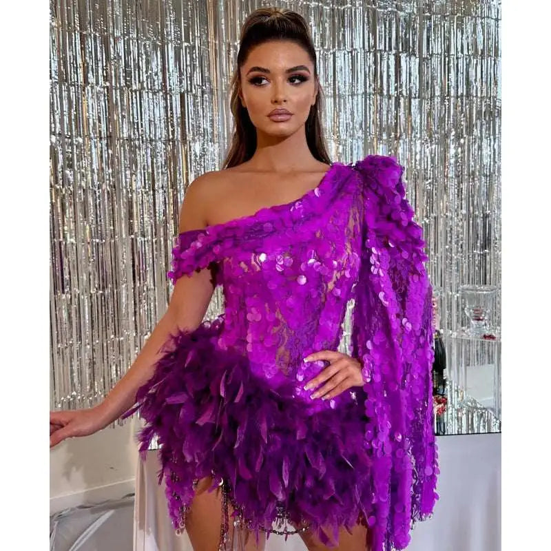 Purple Sequined Feather Sleeve Short Dress