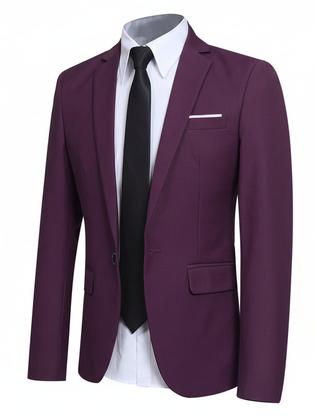 Purple blazer with a black tie and white shirt on a white background