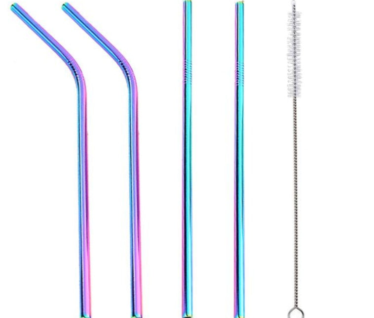 Set of colorful metal straws with cleaning brush on a white background