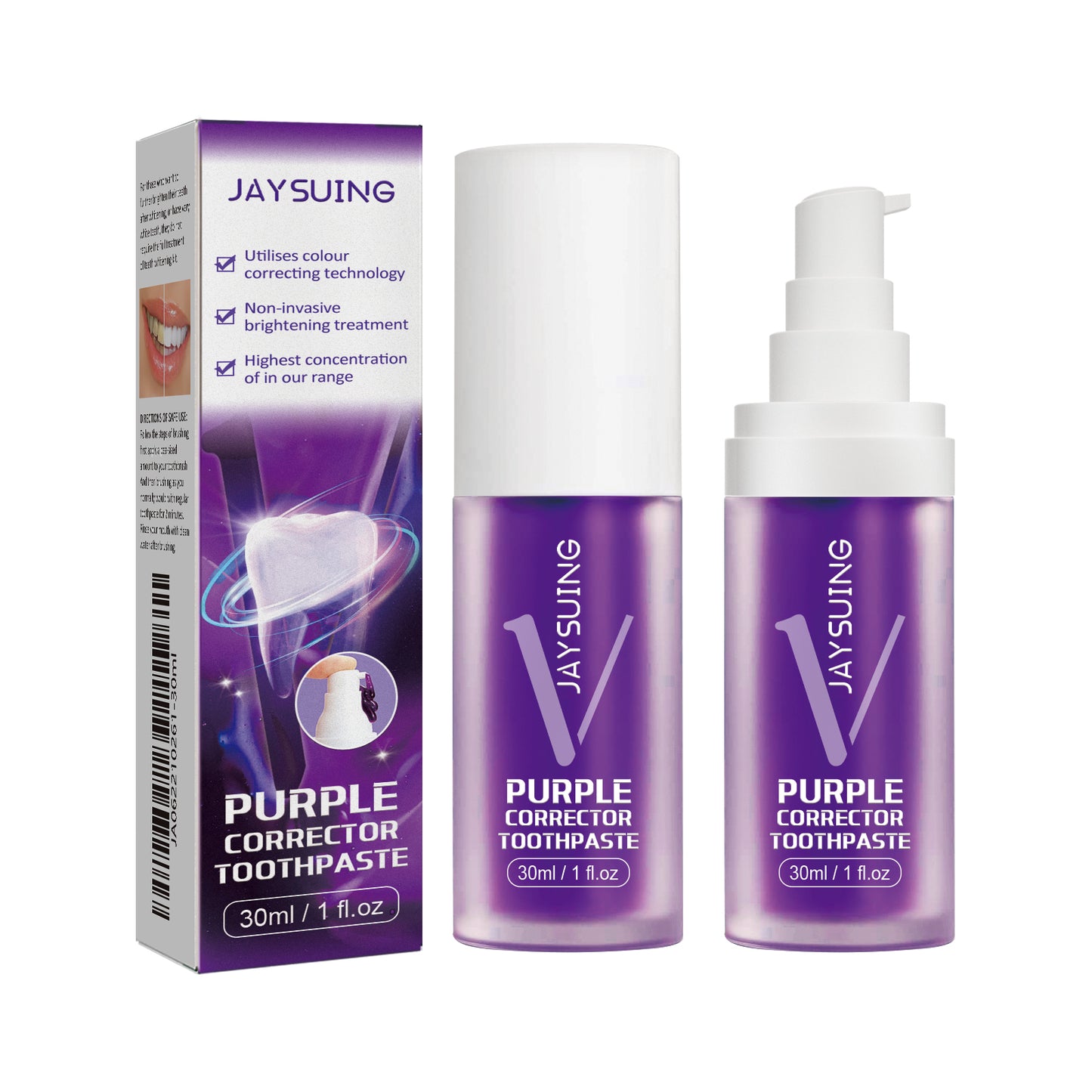 Jaysuing Purple Corrector Toothpaste packaging and bottles on a white background