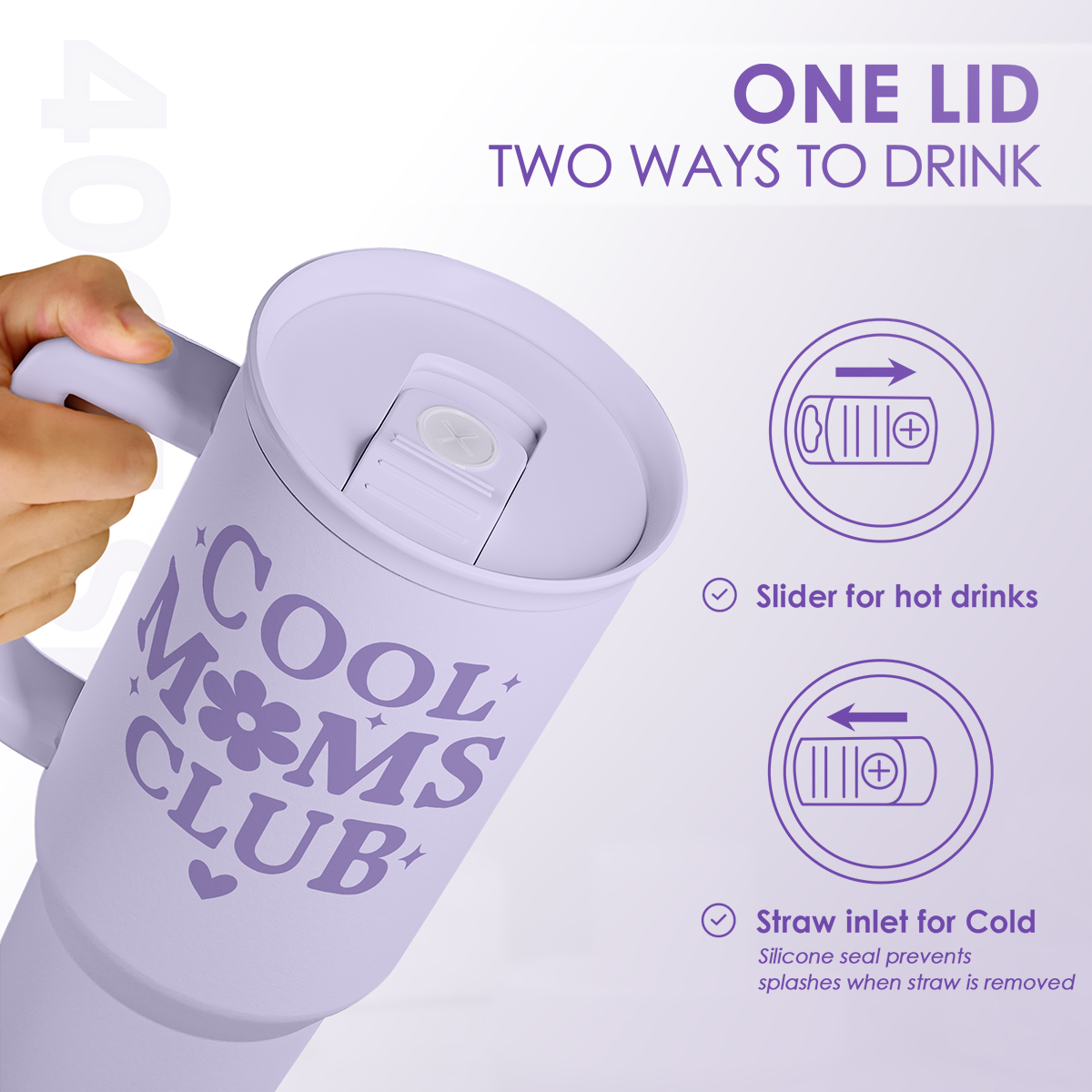 Purple mug with 'Cool Moms Club' text, showing lid features for hot and cold drinks.