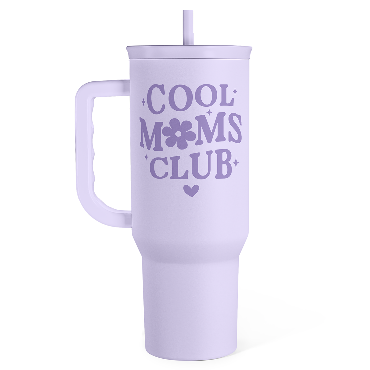 Lavender tumbler with 'Cool Moms Club' text on a white background