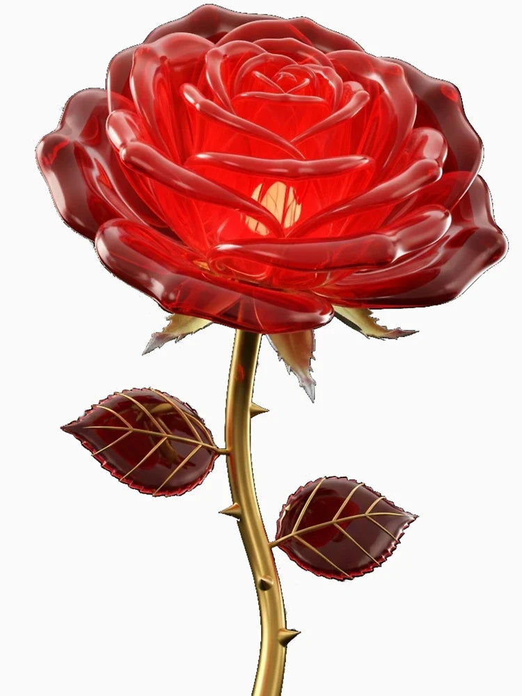 Realistic Red Crystal Rose with Golden Stem