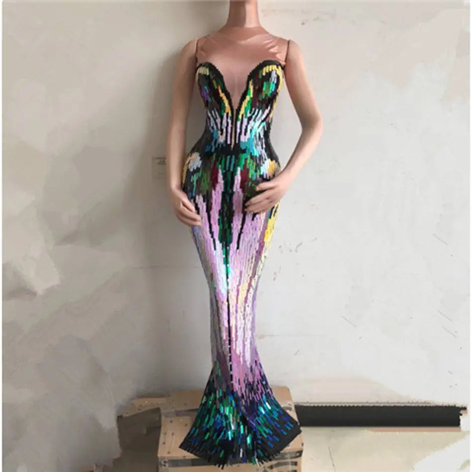 Rainbow Gradient Sequin Evening Dress Female Singer Costume