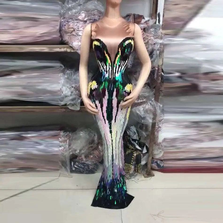 Rainbow Gradient Sequin Evening Dress Female Singer Costume