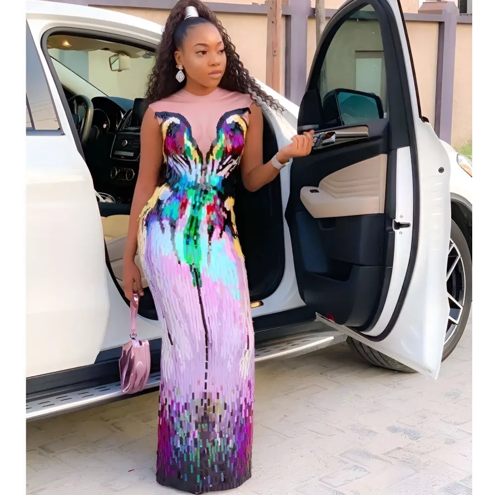Rainbow Gradient Sequin Evening Dress Female Singer Costume