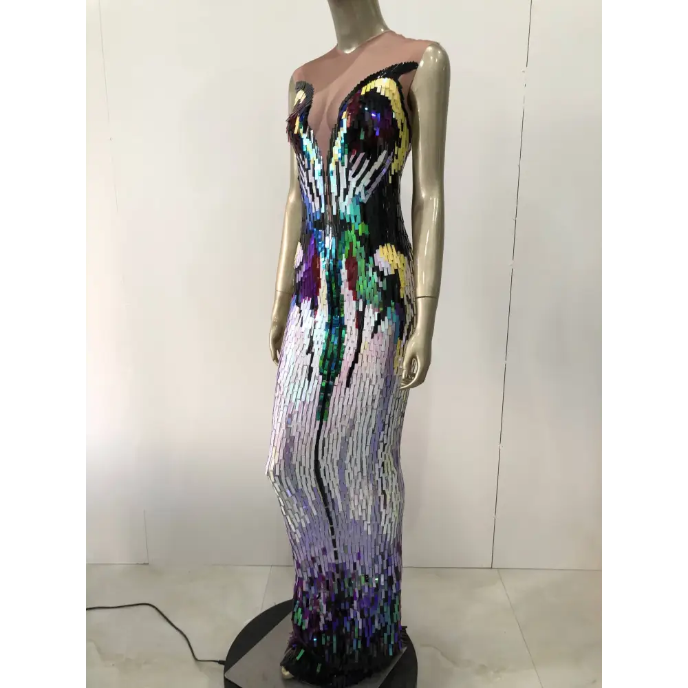 Rainbow Gradient Sequin Evening Dress Female Singer Costume