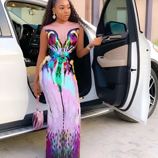 Rainbow Gradient Sequin Evening Dress Female Singer Costume