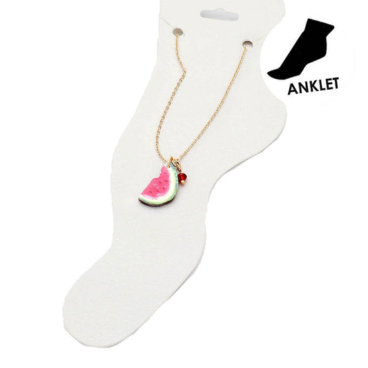 Rani Wood Watercolor Watermelon Charm Link Chain Anklet