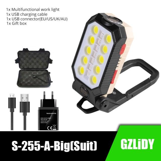 Rechargeable Adjustable USB LED Portable Charger Battery High Capacity with Digital Display LCD Screen Waterproof Flashlight COB Work Light For Repairing Outdoor Camping