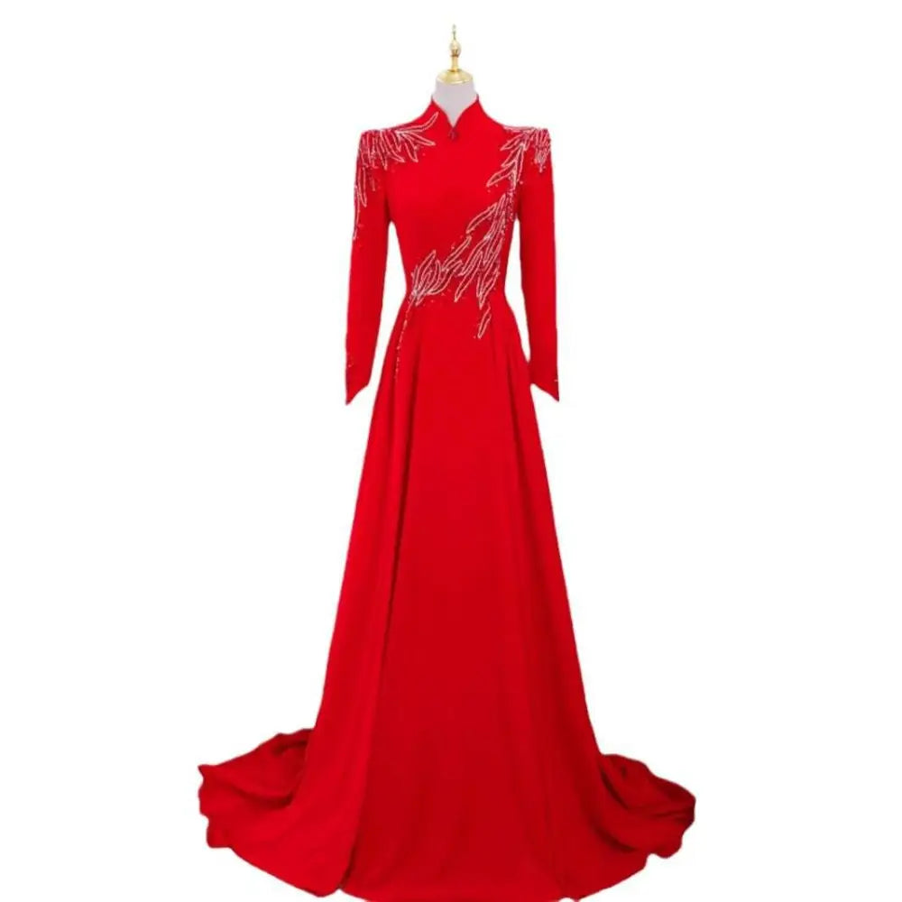 Red Beaded Long Sleeve Formal Evening Gown