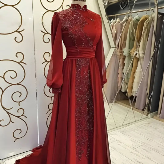 Red Beaded Stand Collar Luxury Long Sleeve Gown