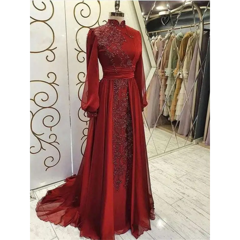 Red Beaded Stand Collar Luxury Long Sleeve Gown