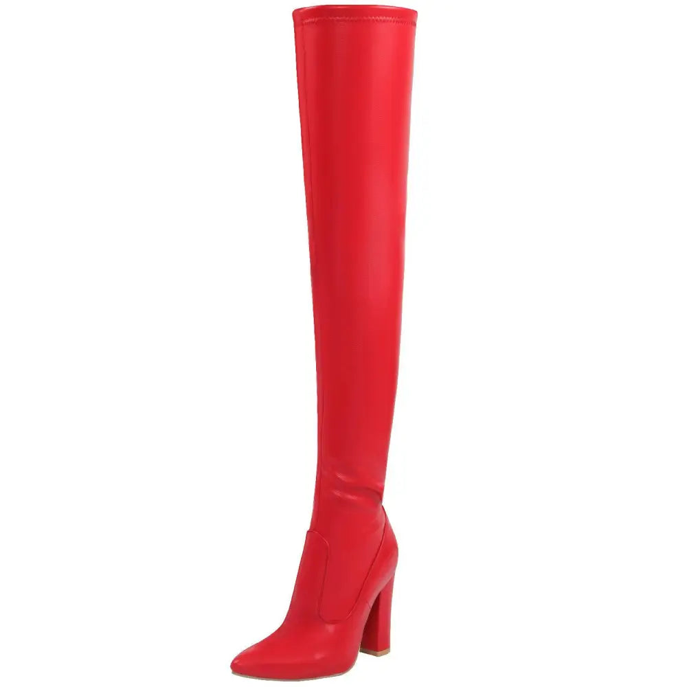 Red Glossy Pointed High Heel Over-the-Knee Boots
