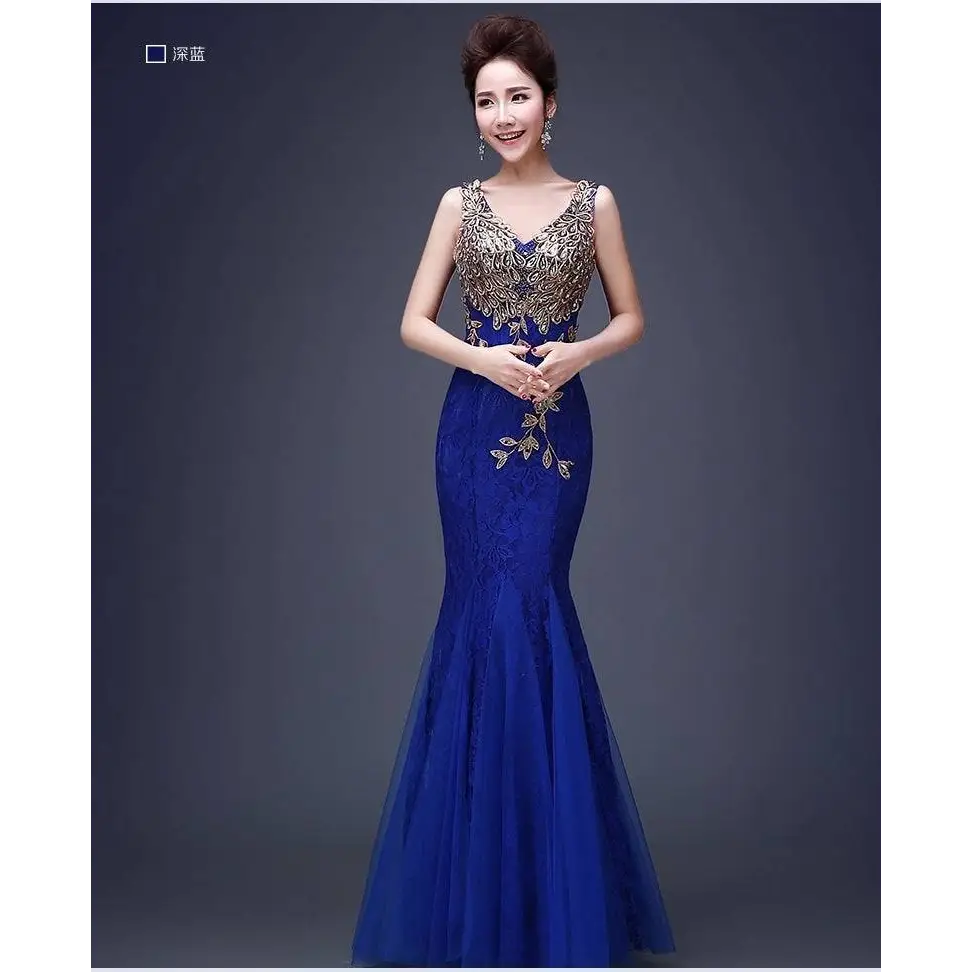 Red Gold Beaded Fish Tail Banquet Evening Dress