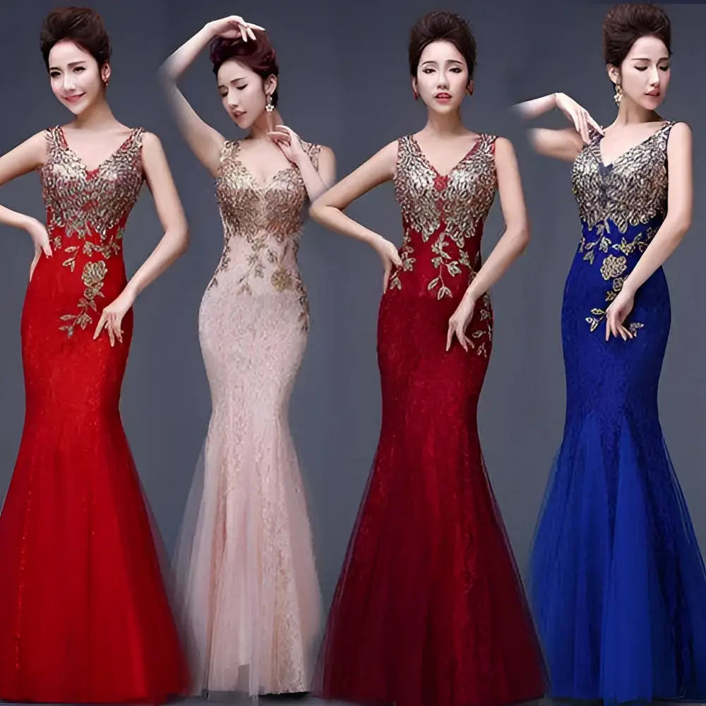 Red Gold Beaded Fish Tail Banquet Evening Dress
