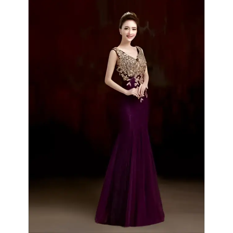 Red Gold Beaded Fish Tail Banquet Evening Dress