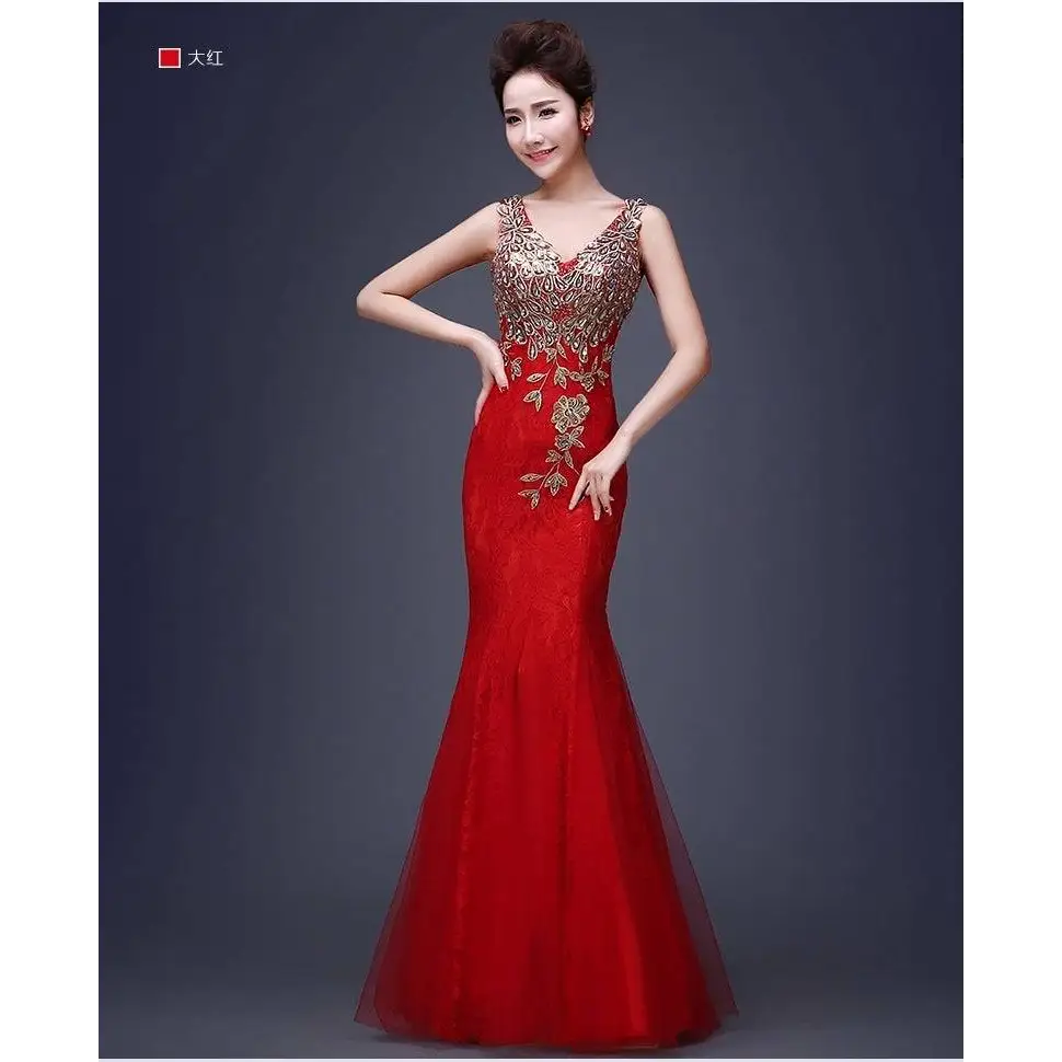 Red Gold Beaded Fish Tail Banquet Evening Dress