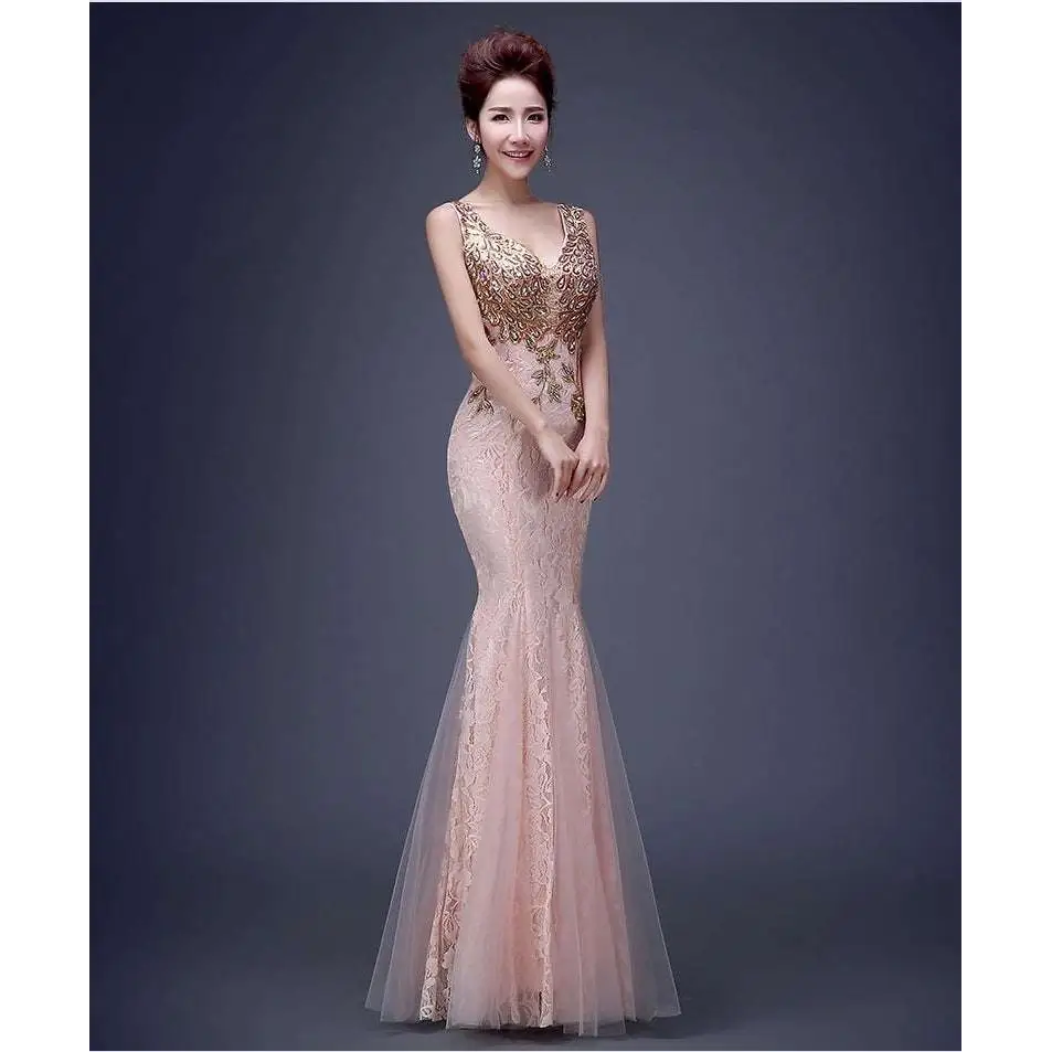 Red Gold Beaded Fish Tail Banquet Evening Dress