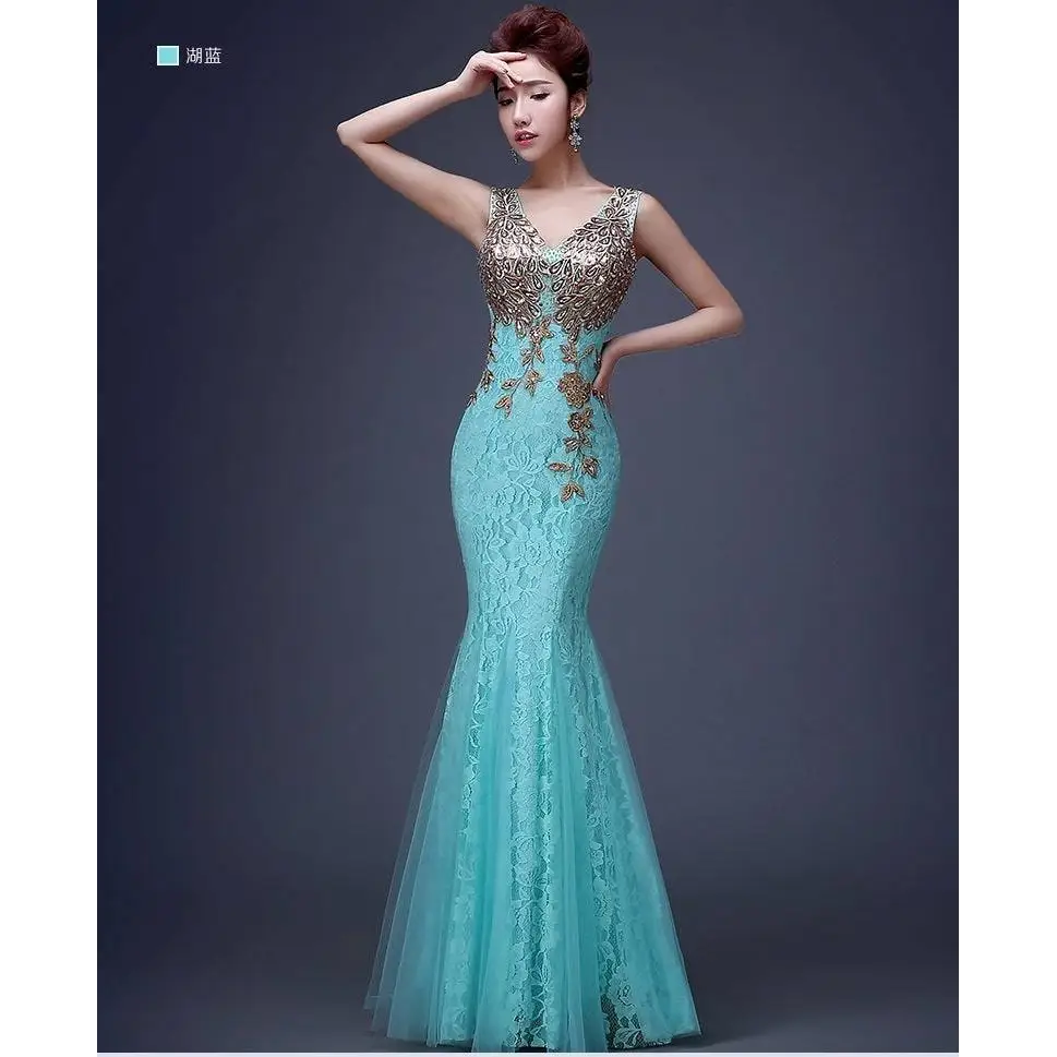 Red Gold Beaded Fish Tail Banquet Evening Dress