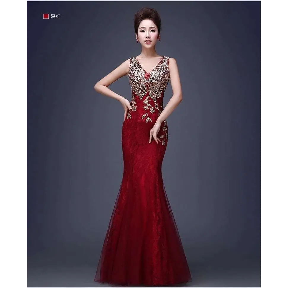 Red Gold Beaded Fish Tail Banquet Evening Dress