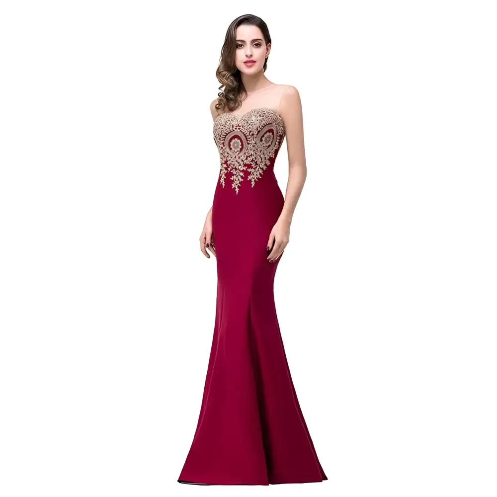 Red Gold Beaded Fishtail Skirt Evening Gown