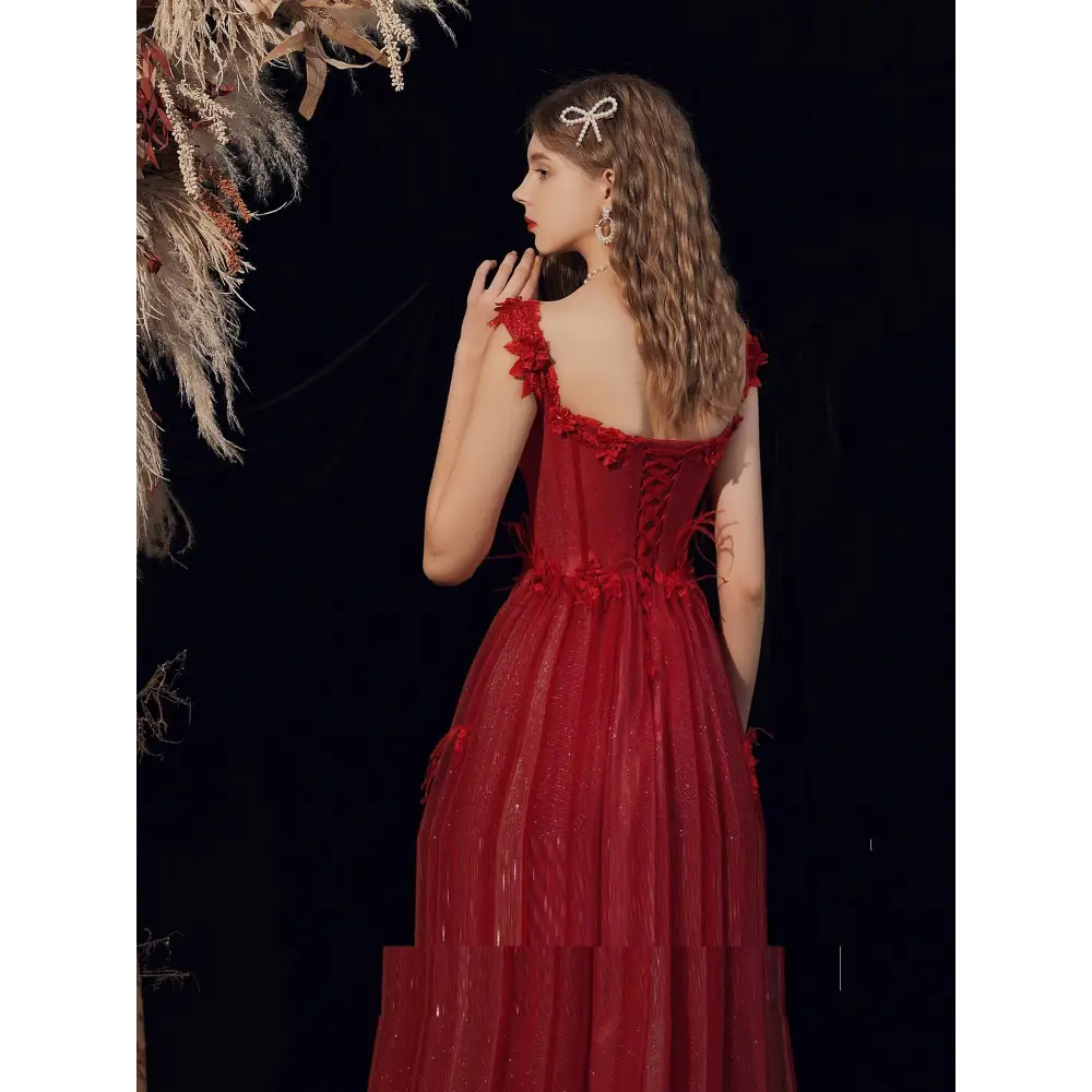 Red Lace Off Shoulder Wedding Toast Dress