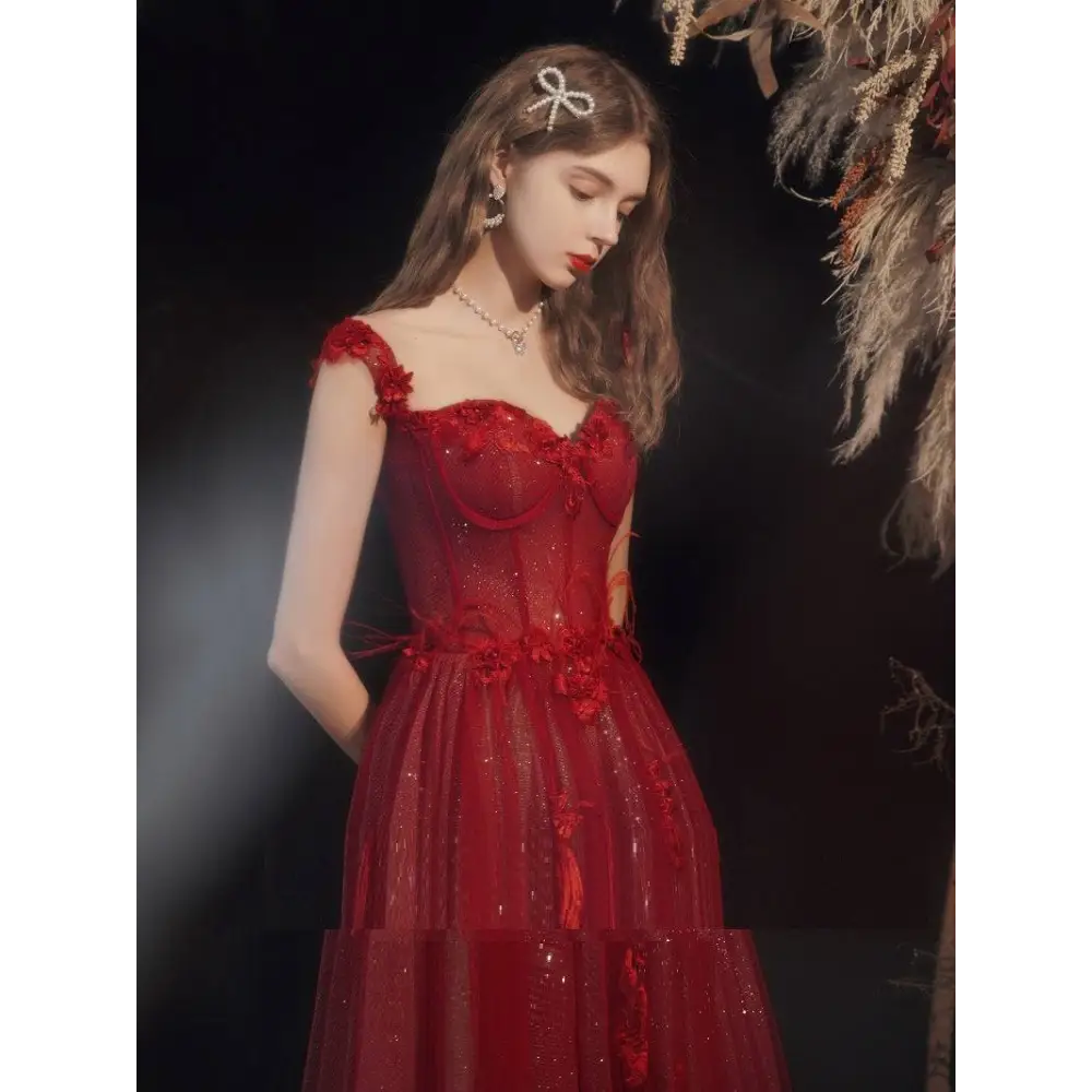 Red Lace Off Shoulder Wedding Toast Dress