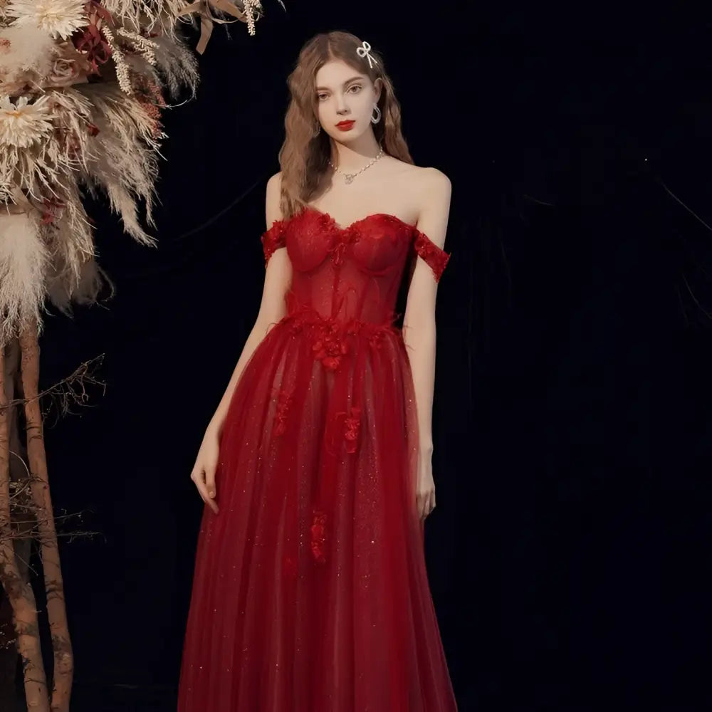 Red Lace Off Shoulder Wedding Toast Dress