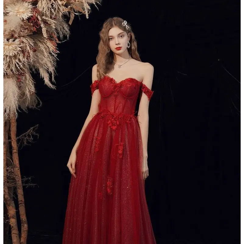Red Lace Off Shoulder Wedding Toast Dress
