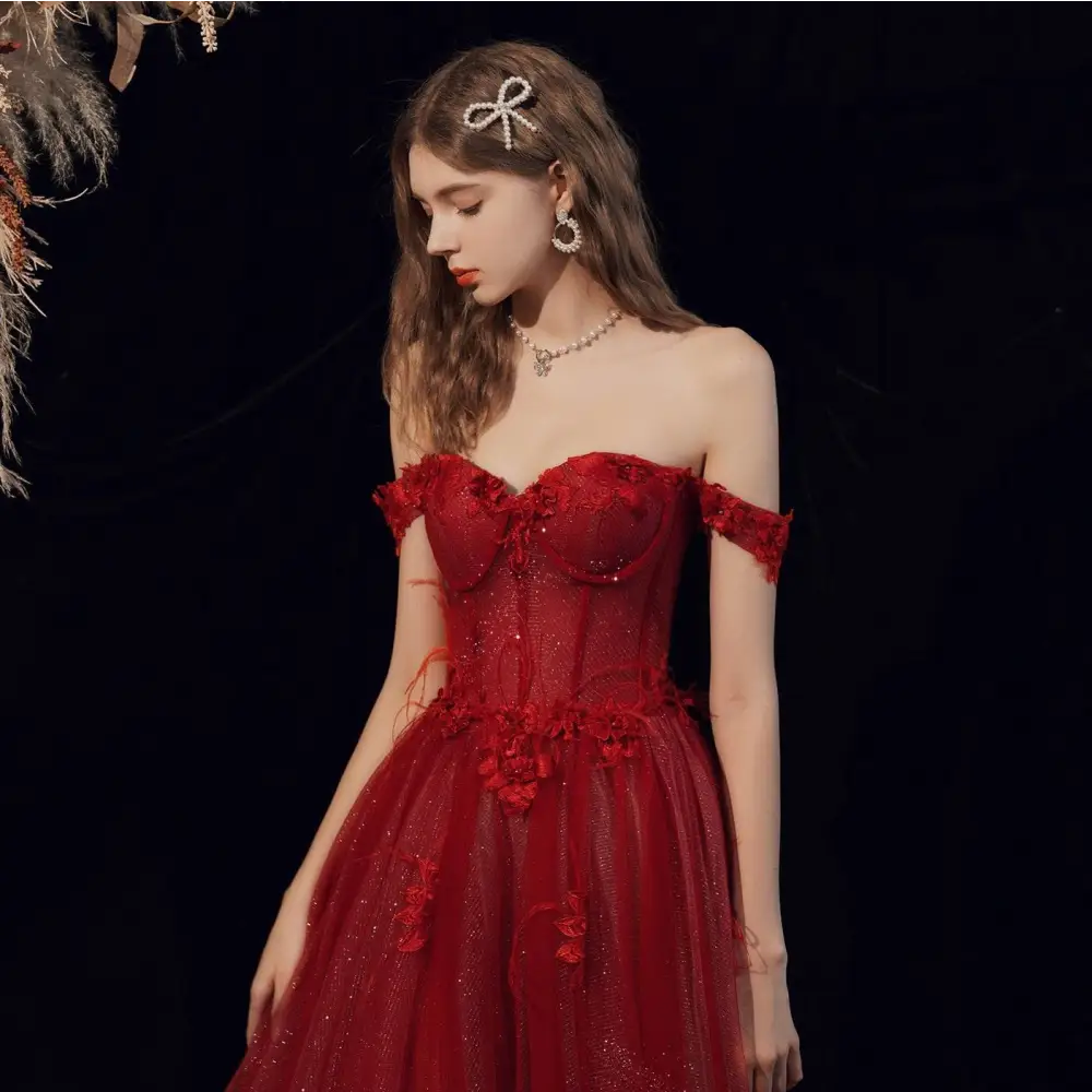 Red Lace Off Shoulder Wedding Toast Dress