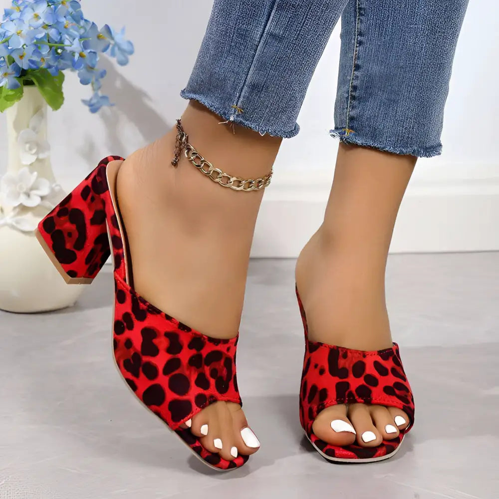 Red Leopard Square Toe Sandals Summer Block Heels