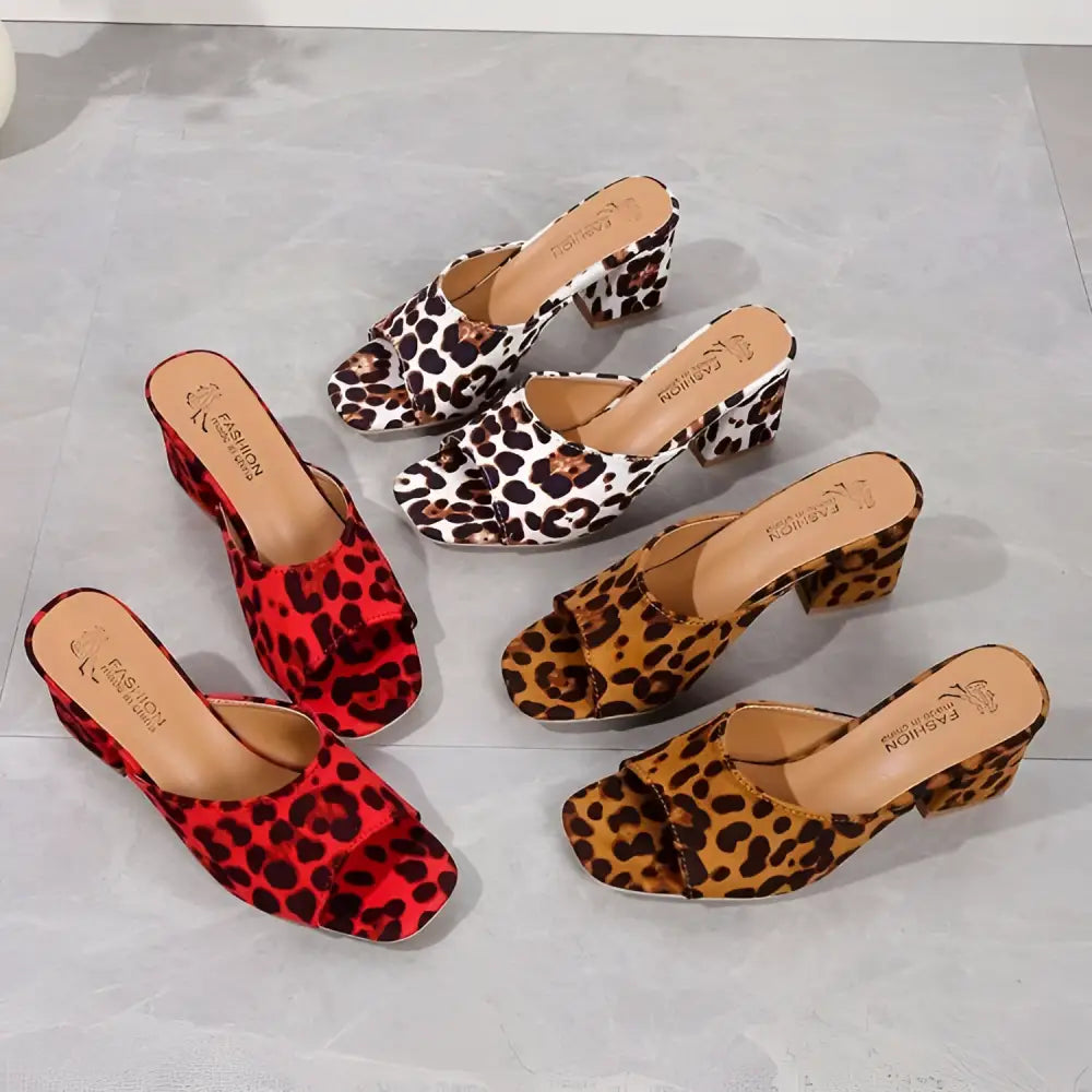 Red Leopard Square Toe Sandals Summer Block Heels
