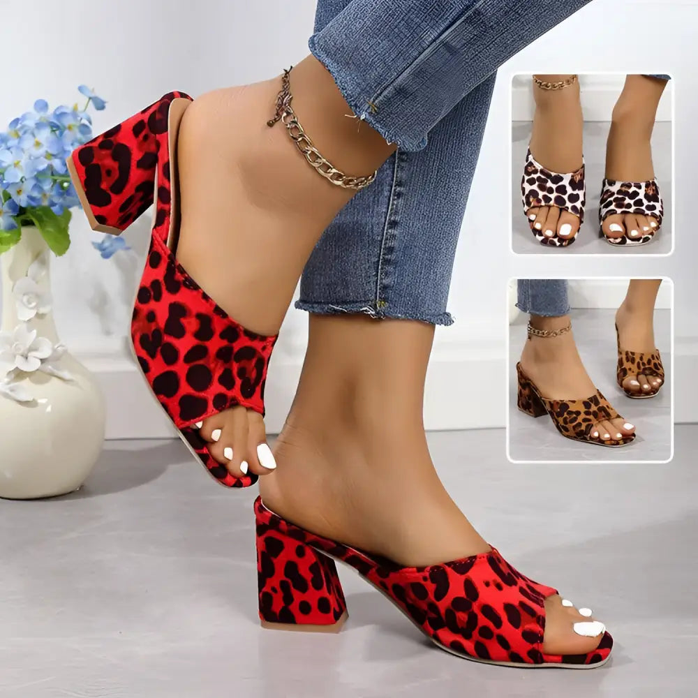 Red Leopard Square Toe Sandals Summer Block Heels