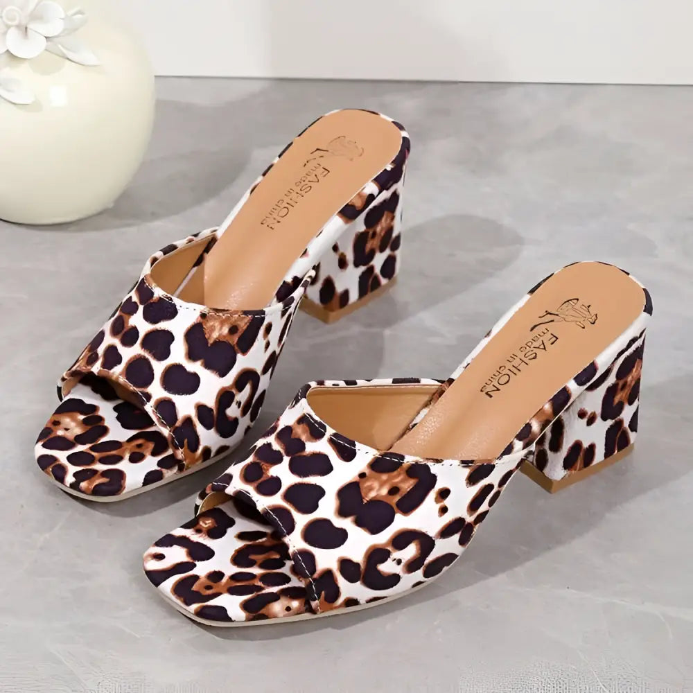 Red Leopard Square Toe Sandals Summer Block Heels