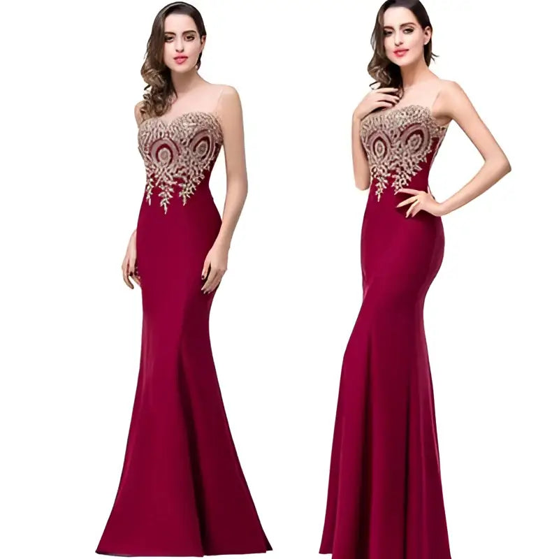 Red Mermaid Bride Toast Gown with Gold Beading