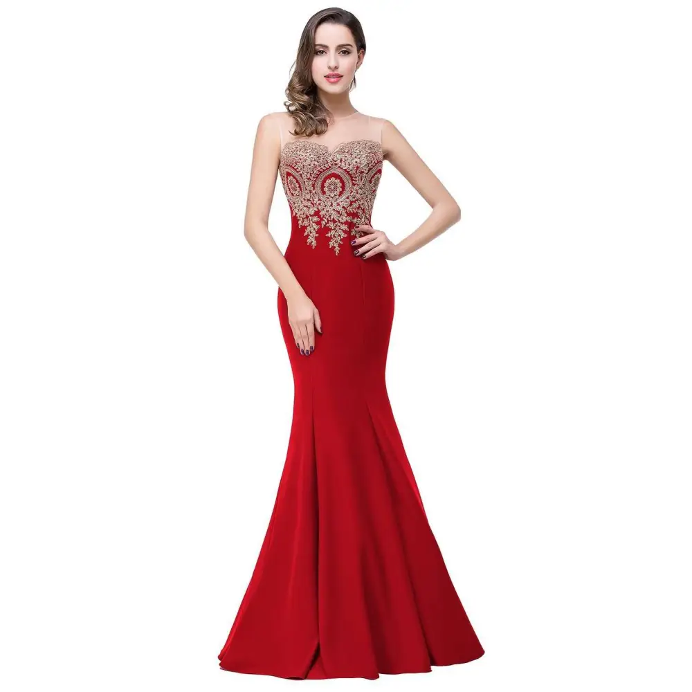 Red Mermaid Bride Toast Gown with Gold Beading