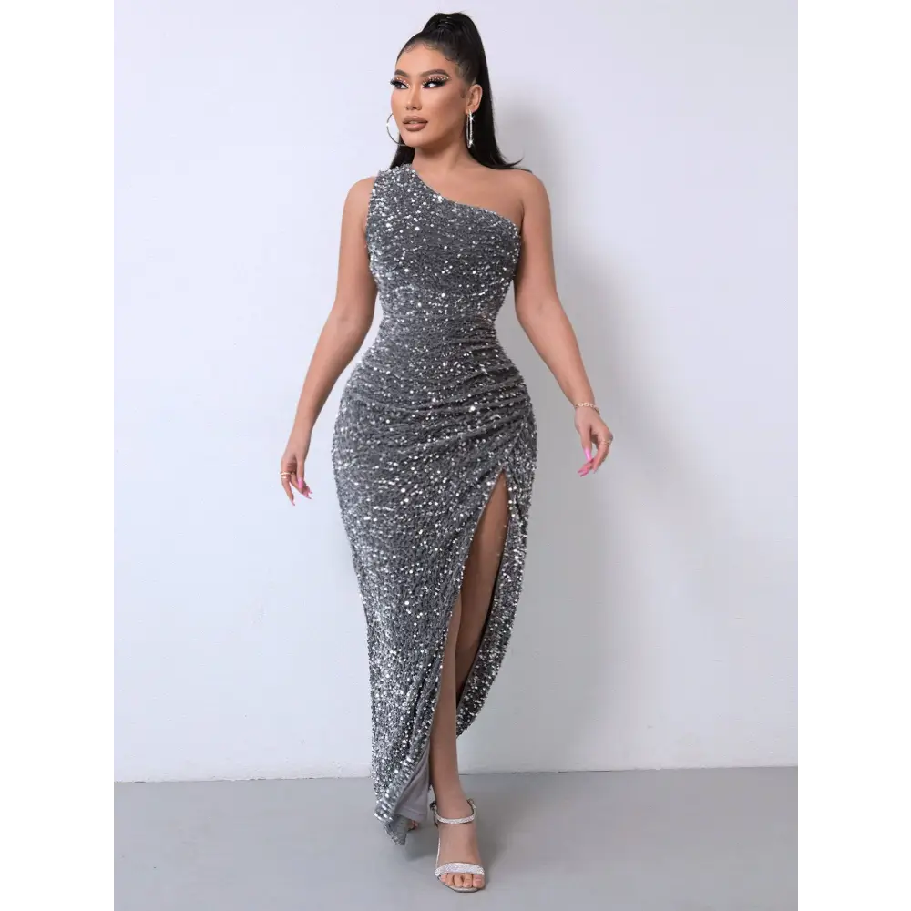 Red One Shoulder Slash Neck Sequins Slit Dress