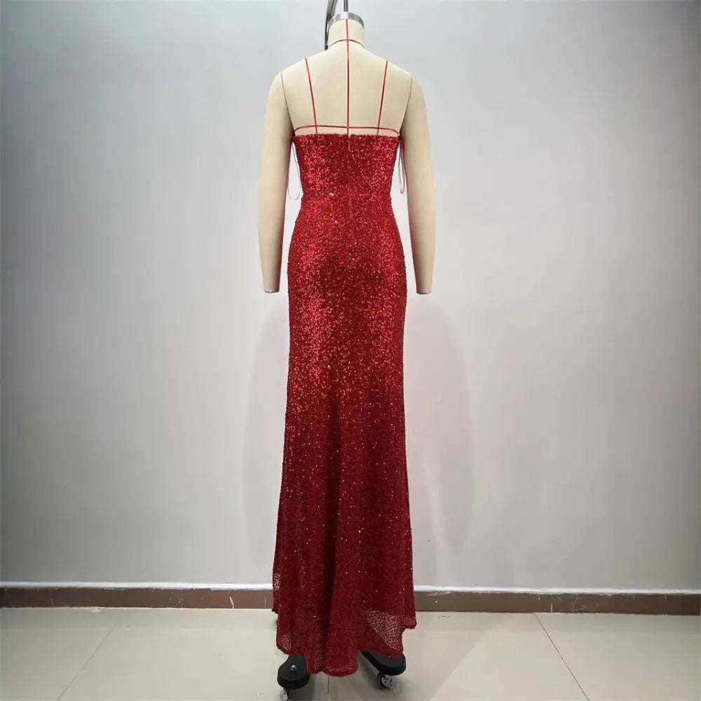 Red Paillette Tube High Slit Sequin Gown