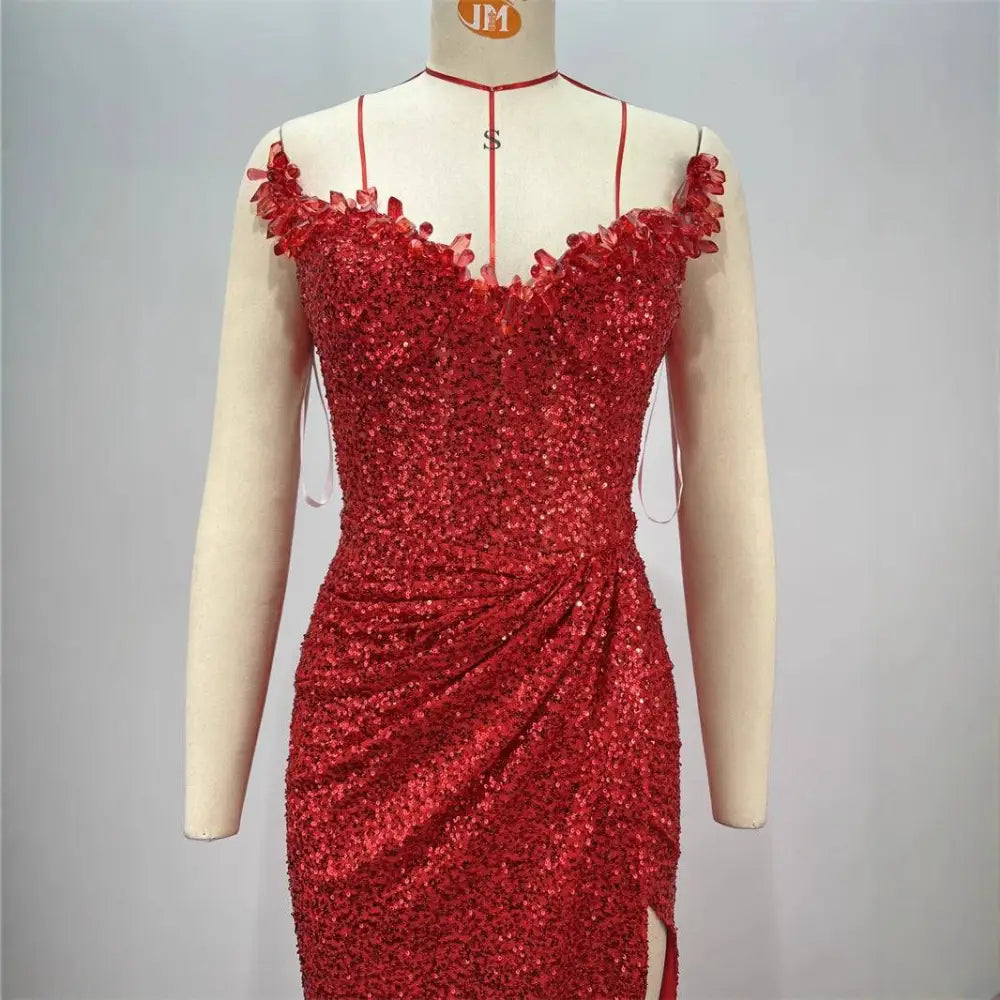 Red Paillette Tube High Slit Sequin Gown