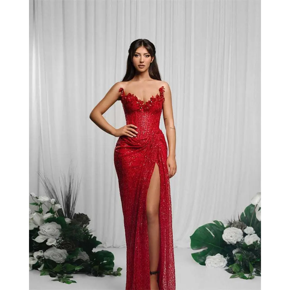 Red Paillette Tube High Slit Sequin Gown