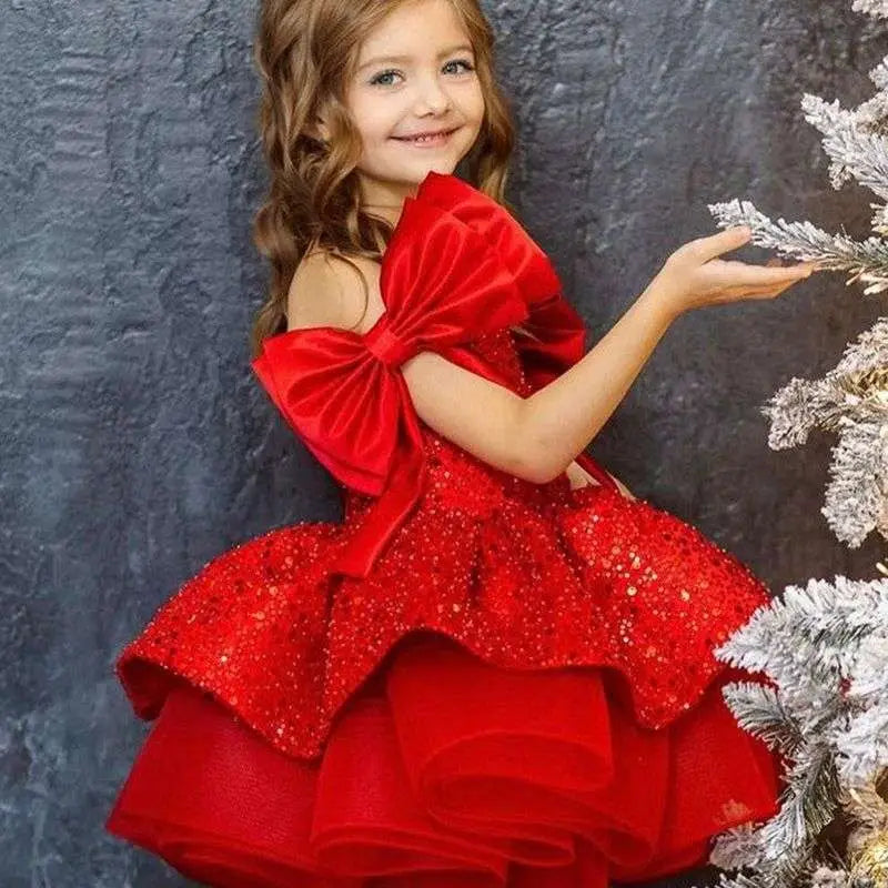 Red Princess Dress with Tulle Tutu and Bow Sleeves