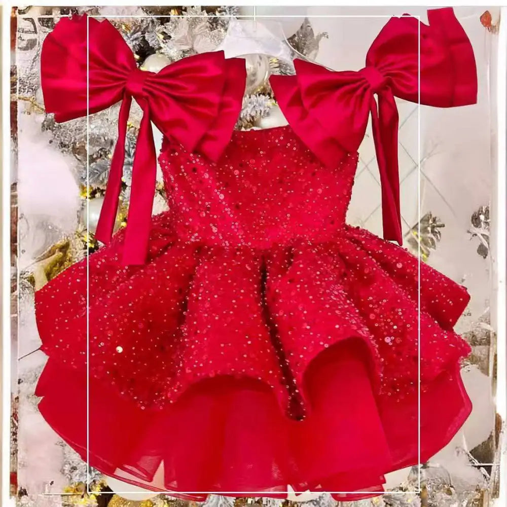 Red Princess Dress with Tulle Tutu and Bow Sleeves