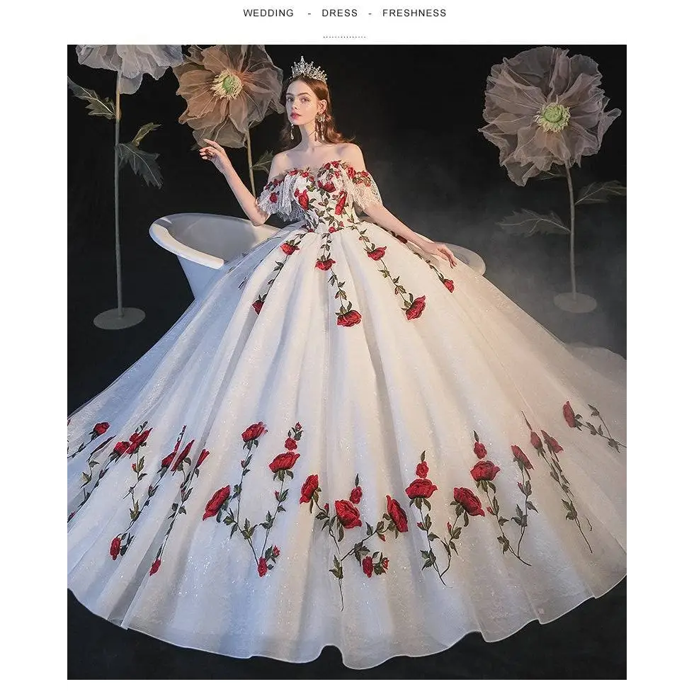 Red Rose Embroidery Temperament Bride Bra Wedding Dress