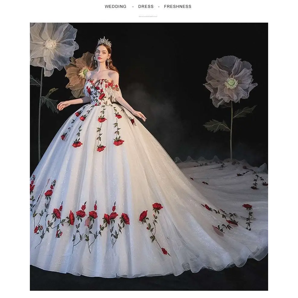 Red Rose Embroidery Temperament Bride Bra Wedding Dress