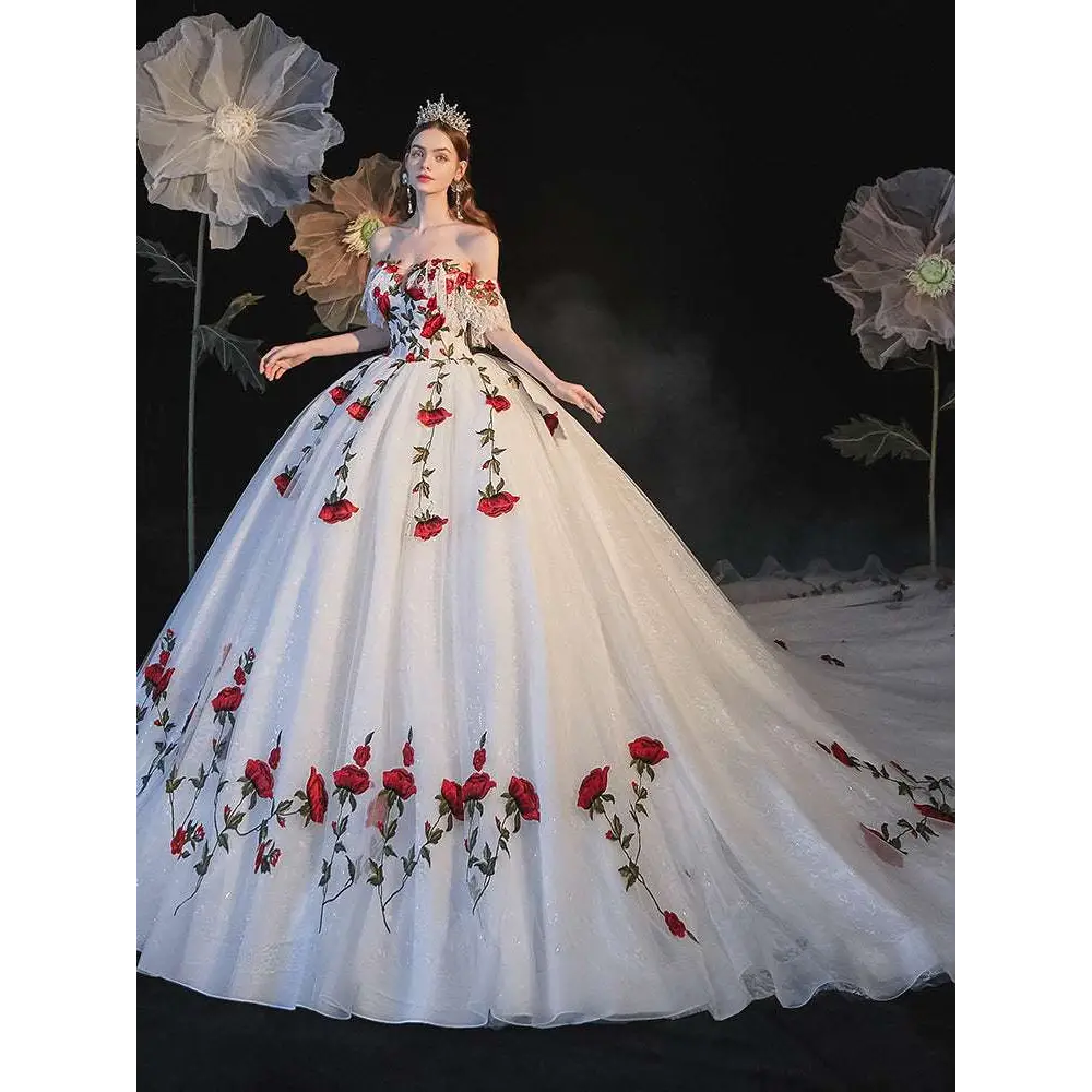 Red Rose Embroidery Temperament Bride Bra Wedding Dress