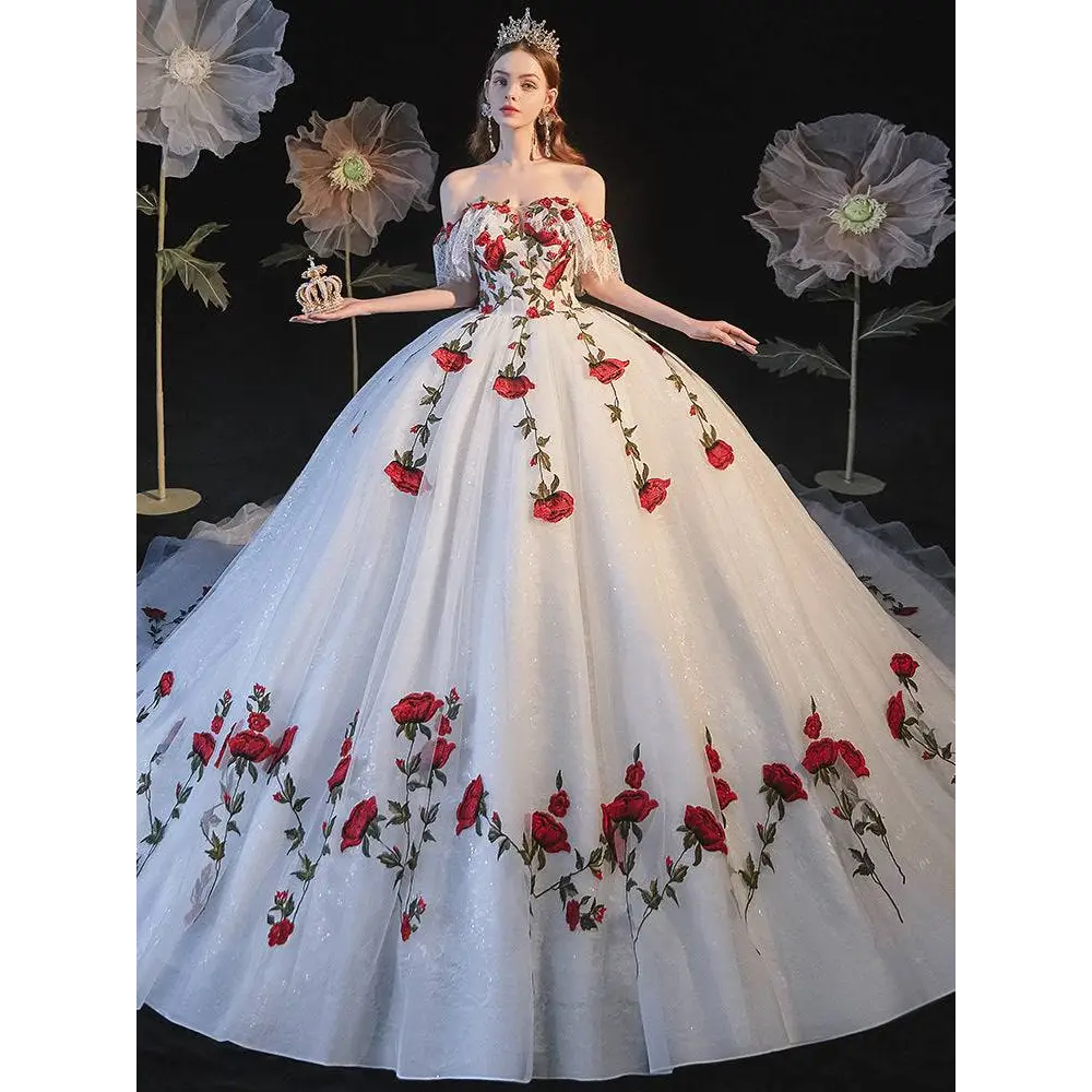 Red Rose Embroidery Temperament Bride Bra Wedding Dress