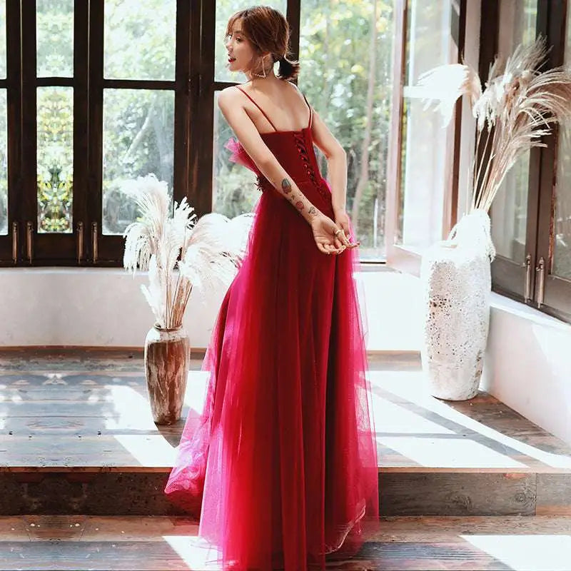 Red Satin Engagement Suspender Evening Dress
