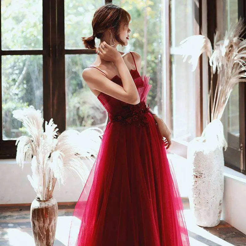 Red Satin Engagement Suspender Evening Dress